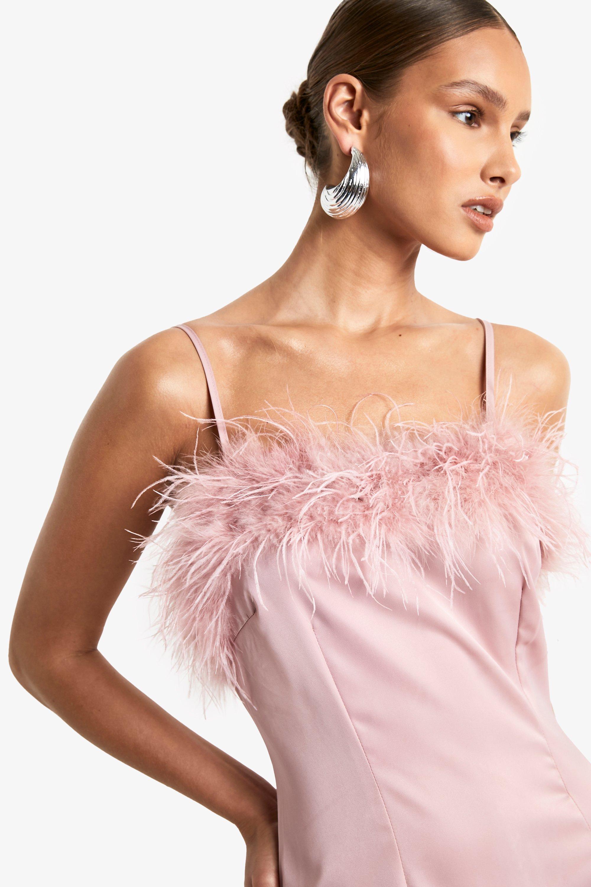 Pink dress with feather trim best sale